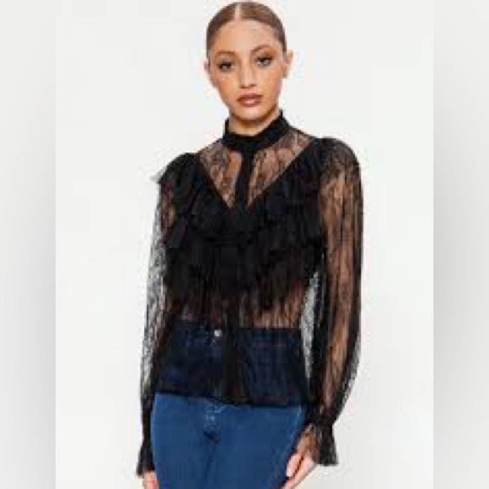 LACE RUFFLE BUTTON DOWN SHIRT - Picture 5 of 5